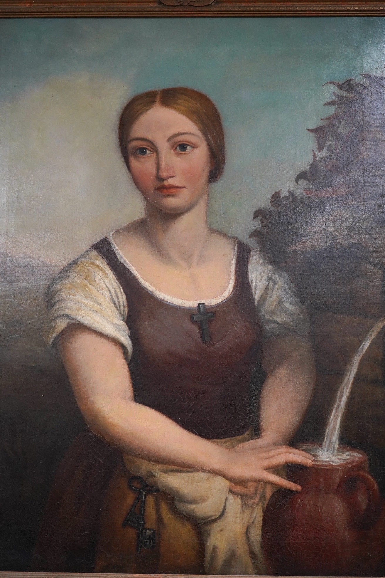 19th century, possibly Irish School, oil on canvas, Study of a woman before a landscape, unsigned, 90 x 69cm, ornately framed. Condition - fair, craquelure throughout